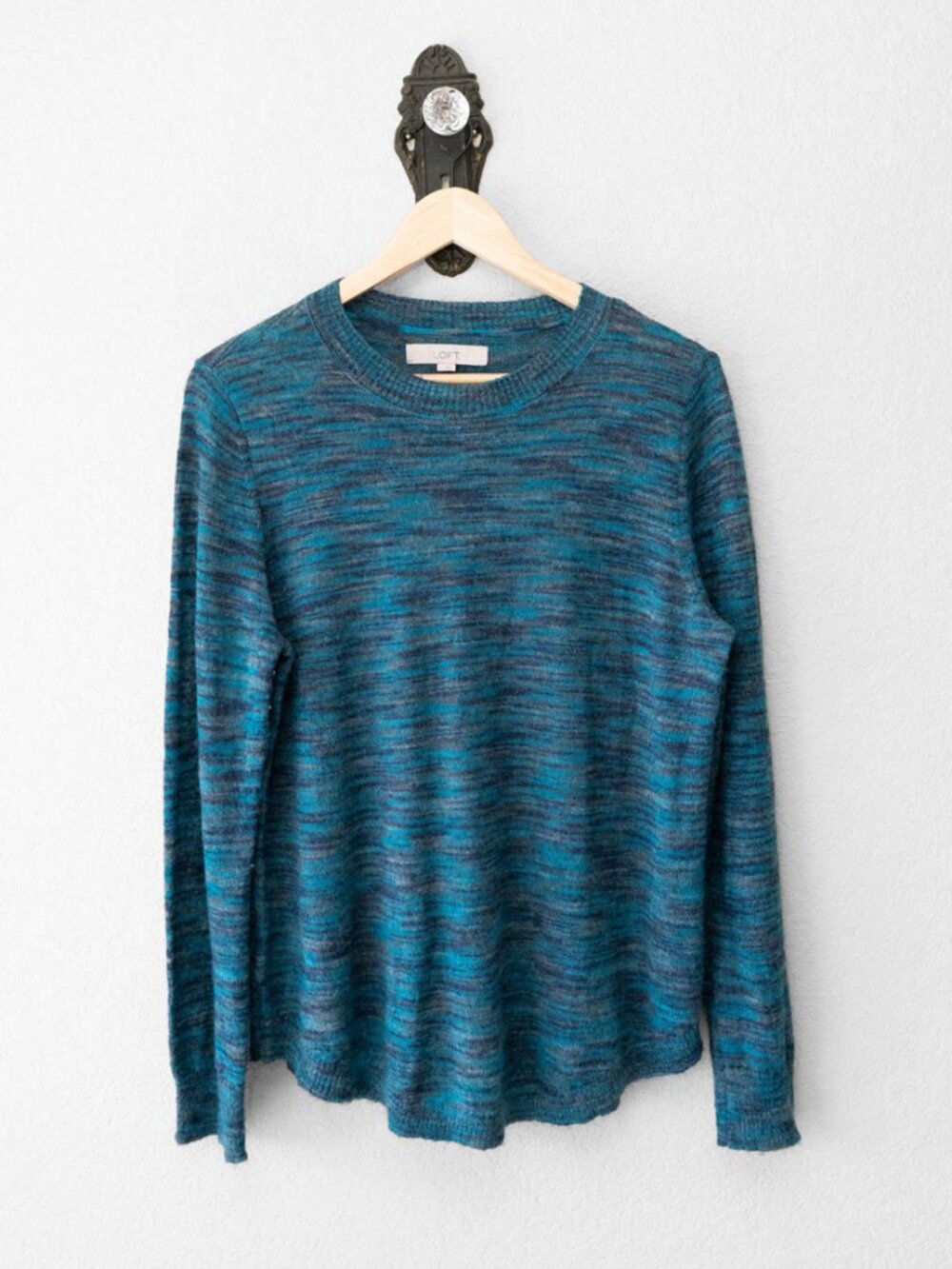 LOFT Sweater Womens L Blue Gray Mohair Wool Blend Marled Crew Neck Pullover